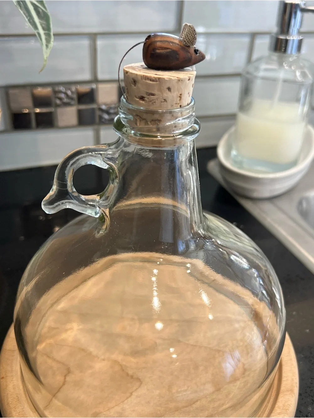 Vintage Glass done witht Wooden Base and Cork Stopper - Clear